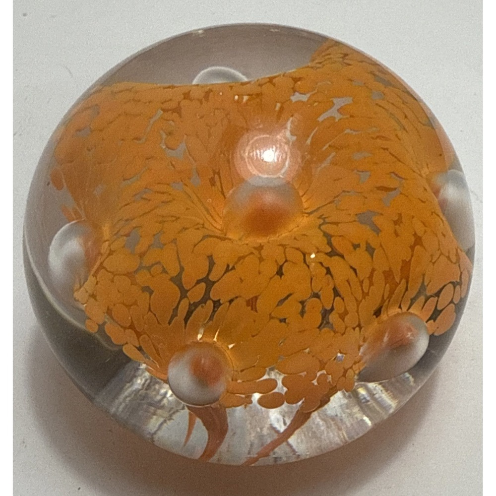 Bart Zimmerman Orange Flower Art Glass Paperweight 2.5 Diameter-Vintage-Signed